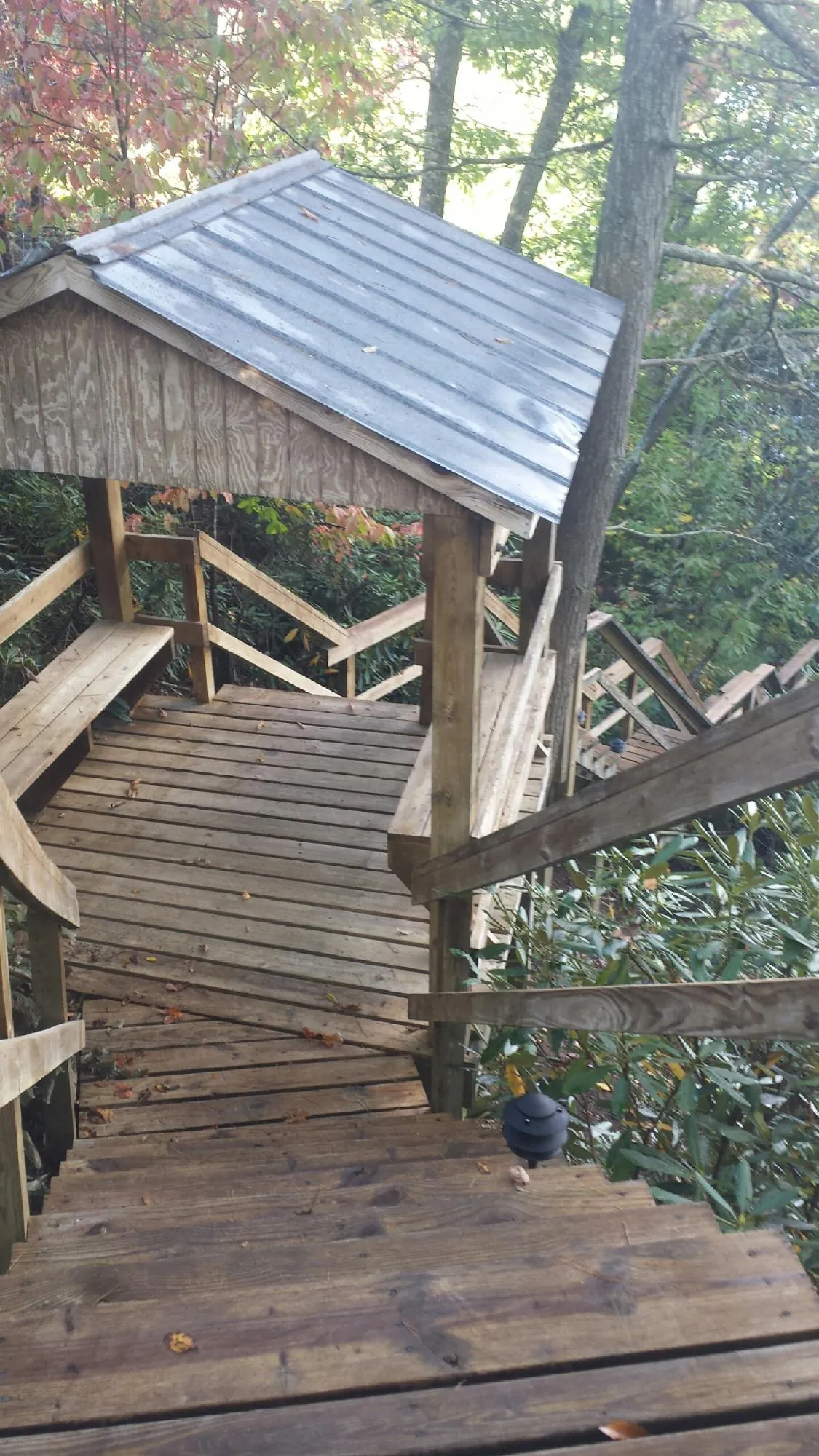 Metal roofed shelter over wooden steps on a wooded walkway — Skylight Repair & Installation work by our crew in Bushwood